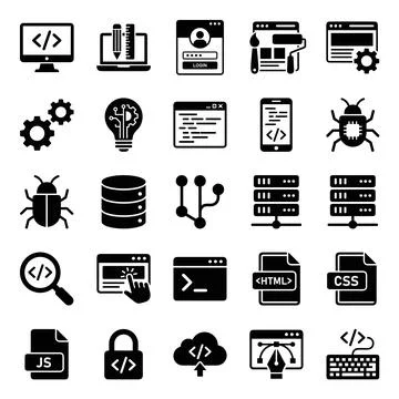Collection of flat design icons representing software development, coding, .. Stock Illustration