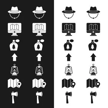 Collection of flat design icons representing travel and adventure elements .. Stock Illustration