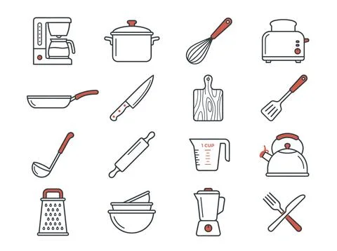 Collection of flat design kitchen utensil icons including coffee maker, pot.. Stock Illustration