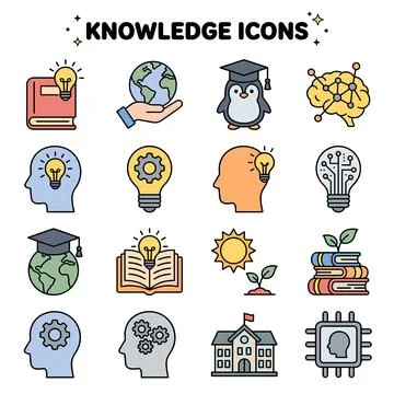 Collection of flat design knowledge icons including book, globe, penguin, b.. Stock Illustration