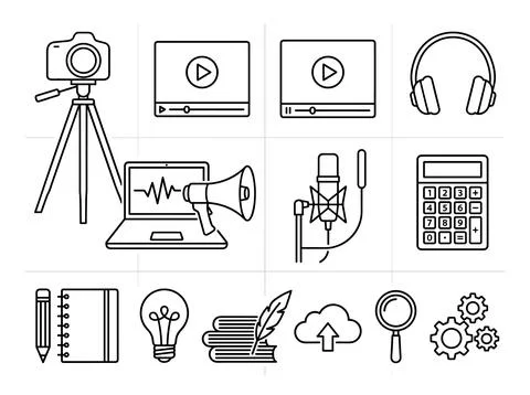 Collection of flat design line art icons for content creation, media produc.. Stock Illustration