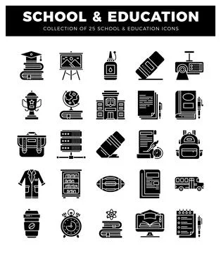 A collection of flat design school and education icons in black on a white .. Stock Illustration