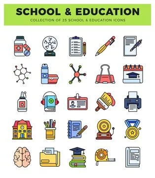 A collection of flat design school and education icons in a grid layout Stock Illustration