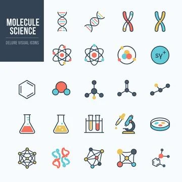 Collection of flat design science and molecule icons including DNA, atoms, .. Stock Illustration