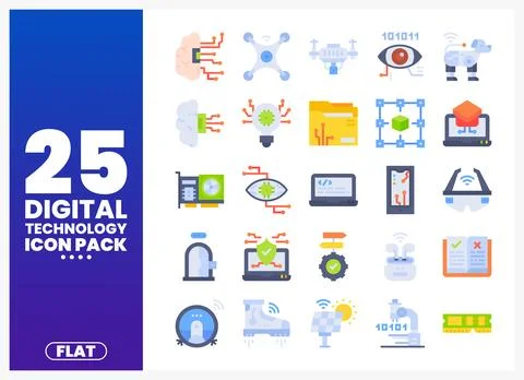 A collection of flat digital technology icons on a blue and purple gradient.. 스톡 일러스트