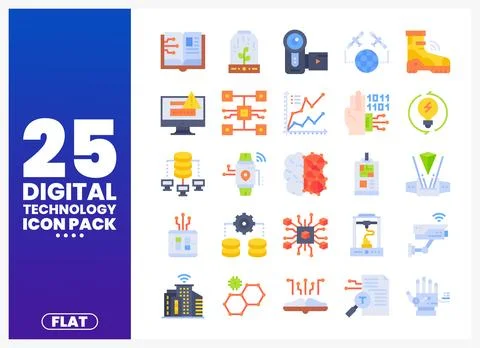 Collection of flat digital technology icons with diverse illustrations. Stock Illustration