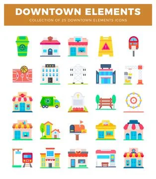 Collection of flat downtown element icons in a grid on white background Stock Illustration