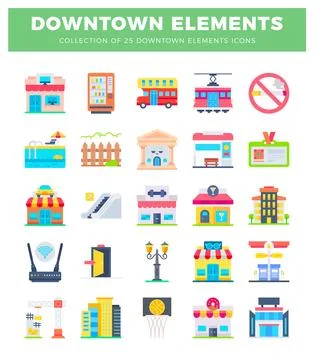 Collection of flat downtown elements icons with buildings and transportation. Illustrazione stock