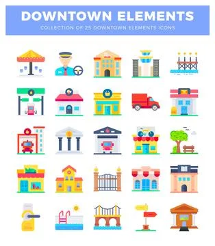 Collection of flat downtown elements icons with varied buildings and vehicles Illustrazione stock