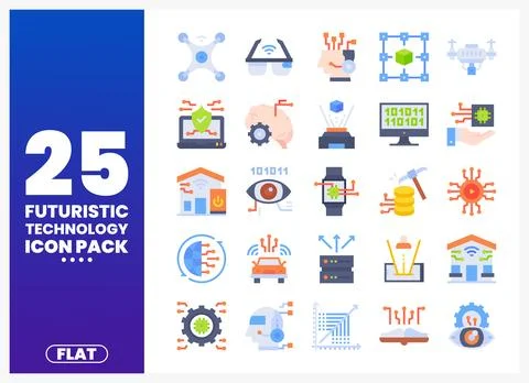 Collection of flat futuristic technology icons on a white background. Stock Illustration