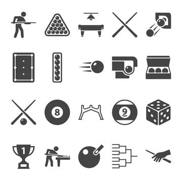 Collection of flat grey billiard and pool game icons including cue stick, b.. Stock Illustration