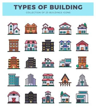 Collection of flat icon building types. diverse architectural styles and si.. Ilustración de archivo