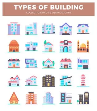 Collection of flat icon buildings in rows and columns on white background. Stock Illustration