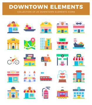 A collection of flat icon graphics representing downtown city elements Stock Illustration