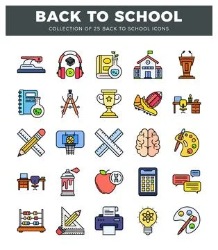 Collection of flat icons for back to school. Icons include school supplies... Ilustración de archivo