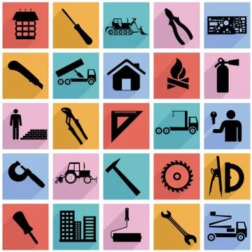 Collection flat icons with long shadow. construction symbols. vector illustra Stock Illustration
