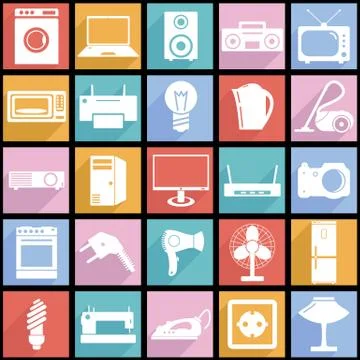Collection flat icons with long shadow. electrical devices symbols. vector il Stock Illustration