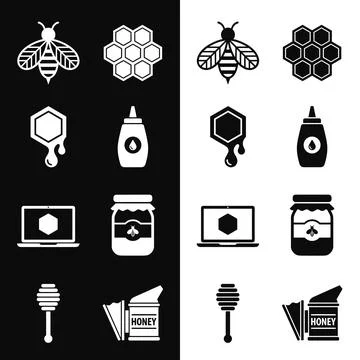 Collection of flat icons representing beekeeping and honey production, incl.. Stock Illustration