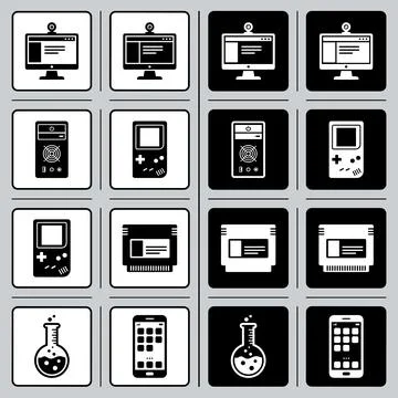 Collection of flat icons representing computer monitor, desktop PC, handhel.. Stock Illustration