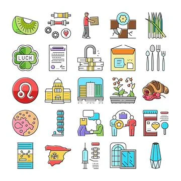 Collection of flat icons representing diverse concepts Illustrazione stock