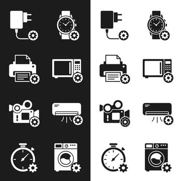 Collection of flat icons representing electronic devices with gear settings.. Stock Illustration