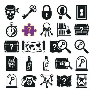 Collection of flat icons representing elements of a mystery or escape room .. Stock Illustration