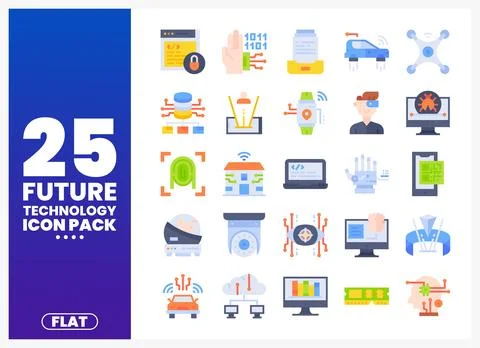 A collection of flat icons representing future technology concepts on a whi.. Stockillustratie