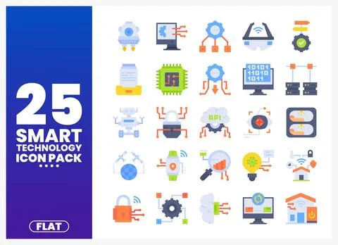 Collection of flat icons representing smart technology. AI. and IoT concept.. Stock Illustration