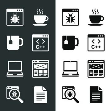 Collection of flat icons representing software development, debugging, and .. Stock Illustration
