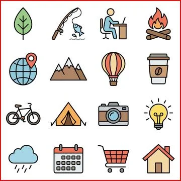 Collection of Flat Icons Representing Various Activities and Concepts. Ilustração Stock
