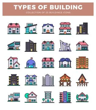 Collection of flat icons representing various building types with modern an.. Ilustración de archivo