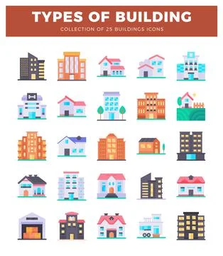 Collection of flat icons showcasing various building types in a stylized. c.. Ilustración de archivo