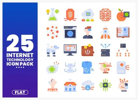 Collection of flat internet technology icons including AI and robotics Stock Illustration