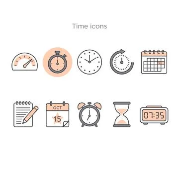 Collection of flat line art time icons including stopwatch, analog clock, c.. Stock Illustration