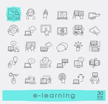 Collection of flat line e-learning icons. Stock Illustration