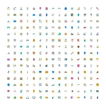 Collection of flat line icons presenting various concepts Stock Illustration