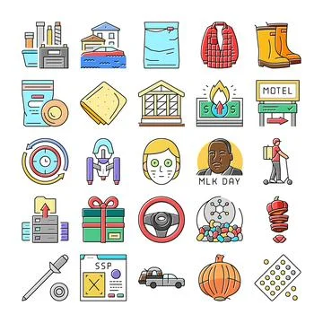 Collection of flat line icons presenting various concepts Stock Illustration