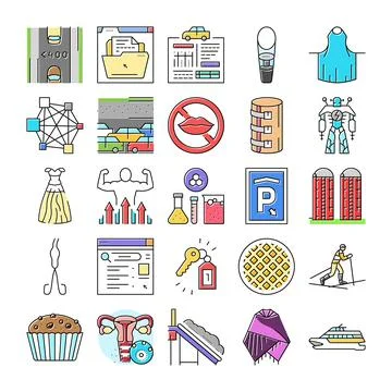 Collection of flat line icons presenting diverse concepts Stock Illustration