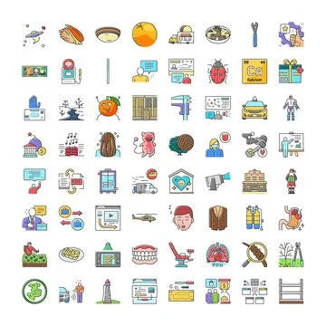 Collection of flat line icons presenting various concepts Stock Illustration