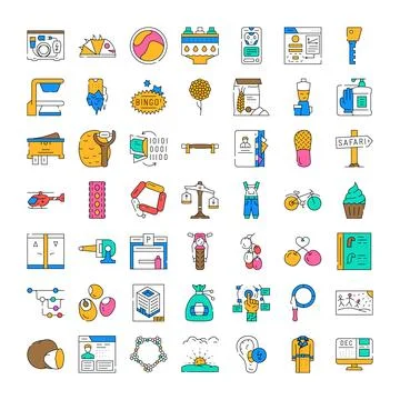 Collection of flat line icons representing common objects and activities 스톡 일러스트