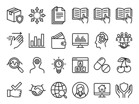 Collection of flat line icons representing business, finance, education, he.. Stock Illustration