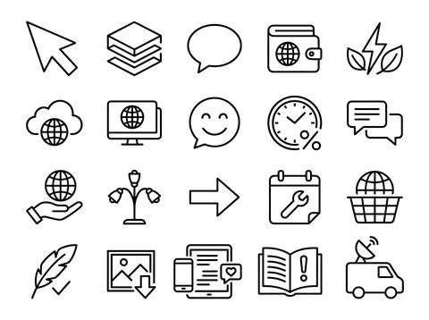 Collection of flat line icons representing technology, communication, finan.. Stock Illustration