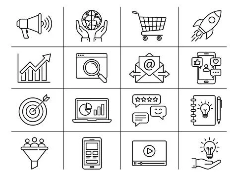 Collection of flat line icons representing digital marketing, business grow.. Stock Illustration