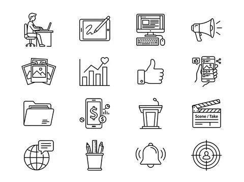 Collection of flat line icons representing digital marketing, business, and.. Stock Illustration