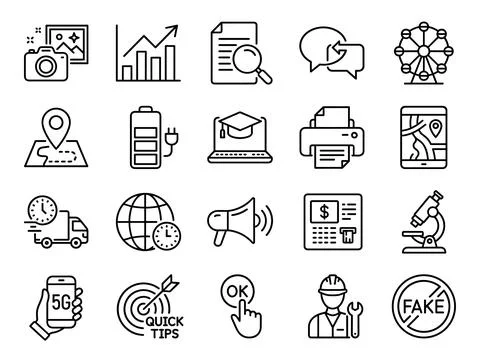 Collection of flat line icons representing business, technology, and servic.. Stock Illustration