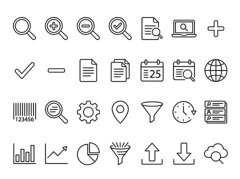 Collection of flat line icons representing search, data, calendar, location.. Stock Illustration