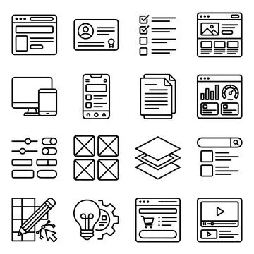 Collection of flat line icons representing web design, UI UX elements, deve.. Stock Illustration