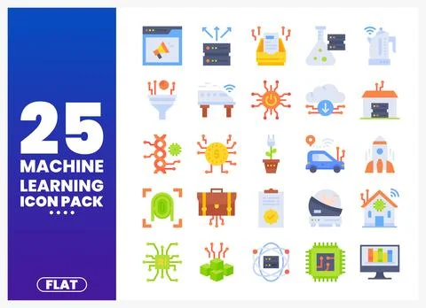 A collection of flat machine learning icons on a white background. Stock Illustration