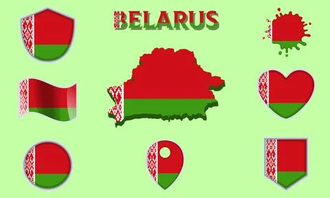 Collection of flat national flags of Belarus with map Illustrazione stock
