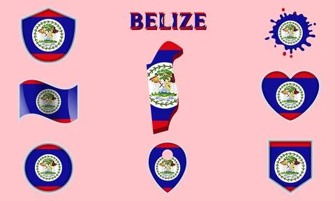 Collection of flat national flags of Belize with map Stock Illustration